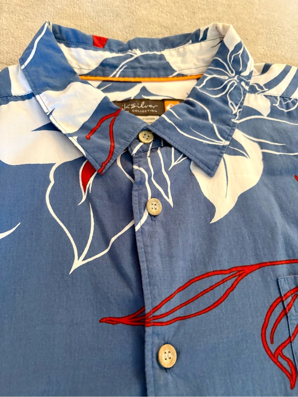 Quiksilver Blue Button-Down Shirt with White Floral and Red Accents